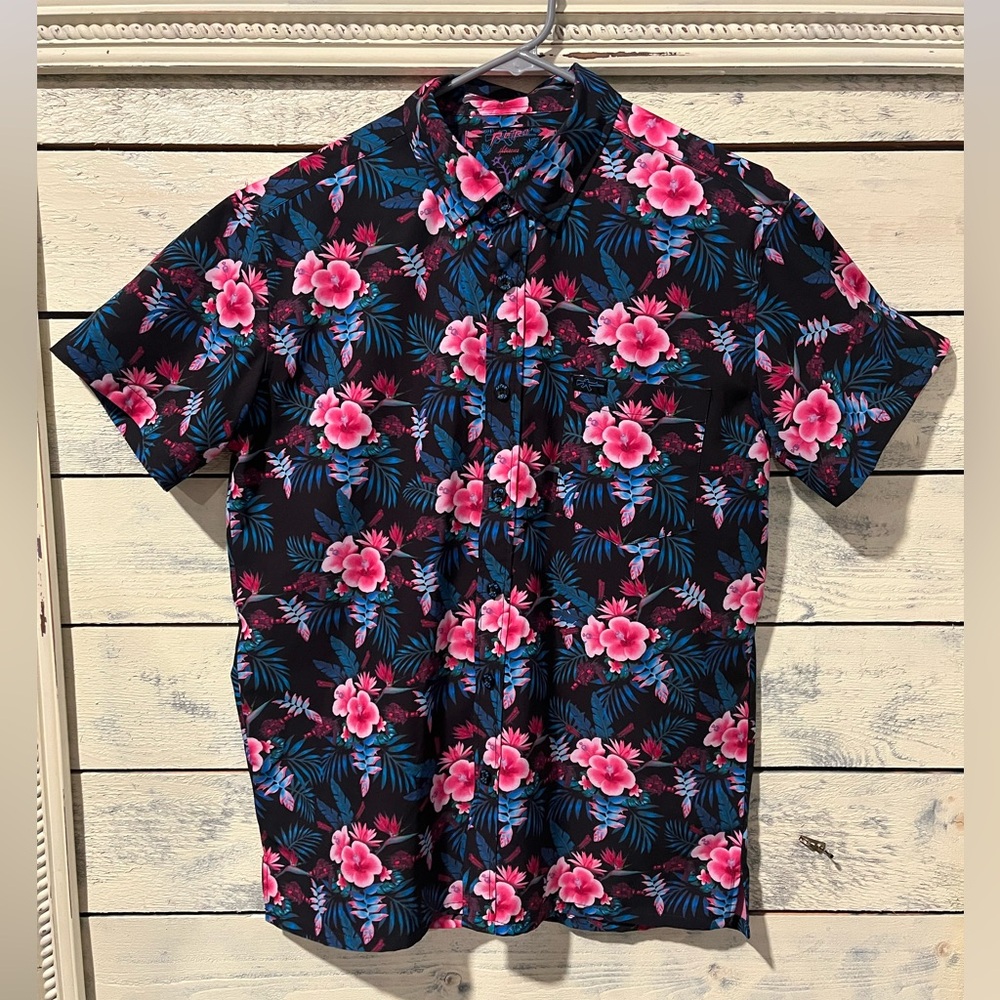 Retro Rifle Hibiscus Tropics Button Down Size Medium